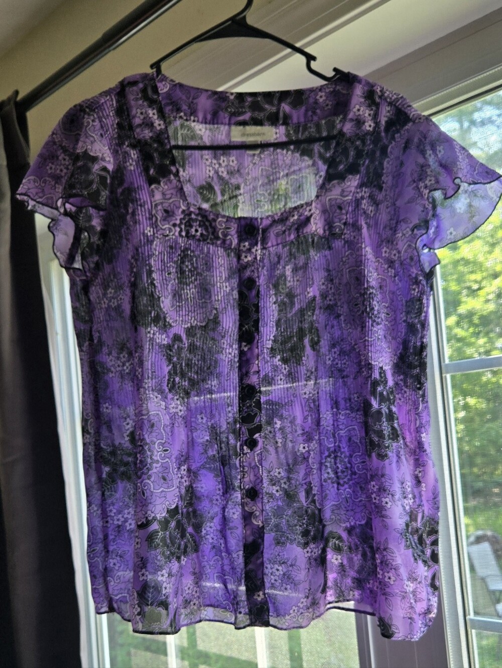 dressbarn Purple Floral Sheer Button-Up Top